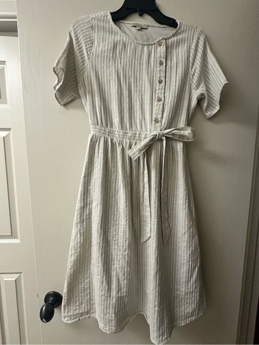 Polagram Cream Striped Button-Front Tie-Waist Midi Dress